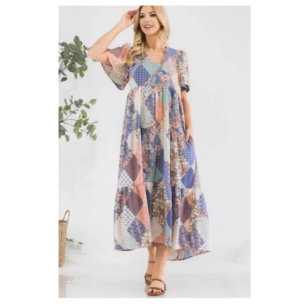 🆑Cute patchwork V neck dress - Picture 4 of 10